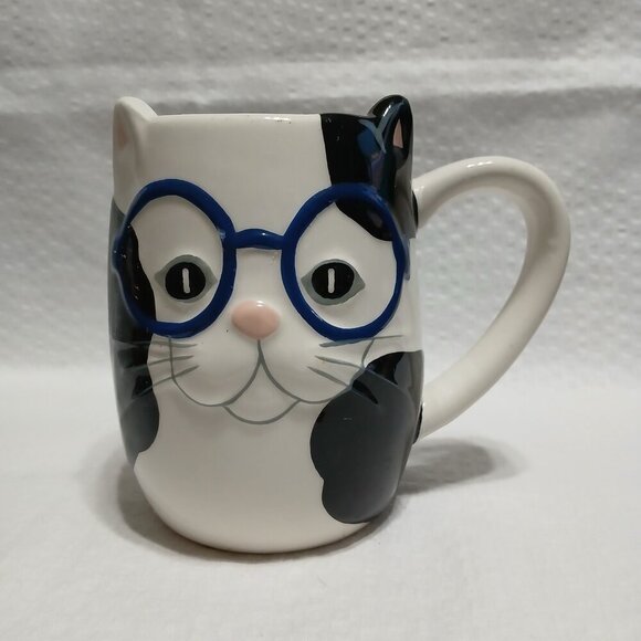 Cat Mug By TAG.  Black And White Cat With Glasses. 4.5 In Tall. Novelty Gift - Picture 1 of 6